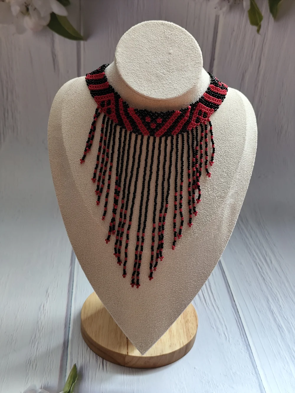 Red and Black Beaded Fringe Statement Necklace